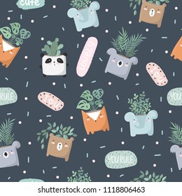 Vector seamless pattern with plants and cute animals, dark background. Perfect for wallpaper, gift paper, pattern fills, web page background, greeting cards, package, postcards, baby book
