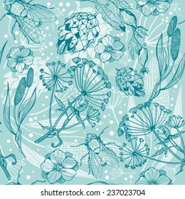 Vector seamless pattern of plants and insects in blue color. Endless background. Ethnic seamless pattern. Vector backdrop. Summer template.