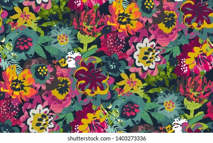 Vector seamless pattern with plants, leaves and flower bouquets with hand painted texture. Modern artistic abstract floral endless background for textile, fabric, print.
