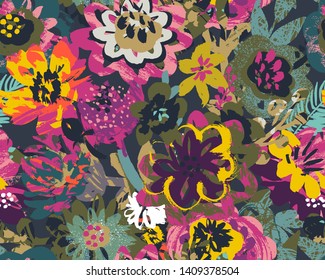 Vector seamless pattern with plants, leaves and flower bouquets with hand painted texture. Modern artistic abstract floral endless background for textile, fabric, print.
