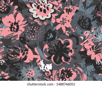 Vector seamless pattern with plants, leaves and flower bouquets with hand painted texture. Modern artistic abstract floral endless background for textile, fabric, print.