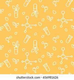Vector seamless pattern with plants, leaves and molecules on yellow backdrop. Agricultural background. Fertilizer illustration. Can be used for print on clothes, package, banner, wrapping paper.