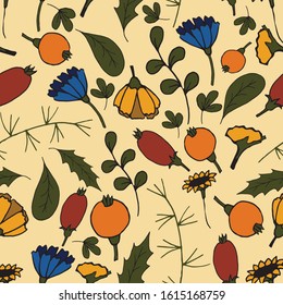 Vector seamless pattern with plants on yellow background. Hand drawn doodle illustration. Design for greeting cards, scrapbooking, textile, wrapping paper, wallpaper, invitations, prints and etc.