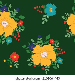 Vector seamless pattern of plants on a dark green background. Compositions of yellow, red and blue flowers. Flower bouquet. Floral ornament from buds, berries, leaves and twigs.