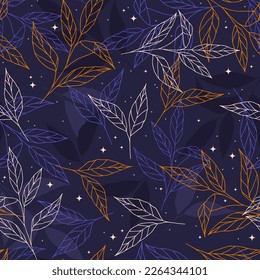 Vector seamless pattern with  plants and stars. Mystical esoteric background for design of fabric, packaging, astrology, phone case, wrapping paper.