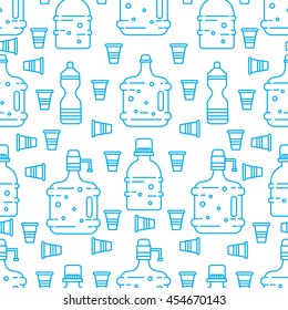 Vector seamless pattern with plastic bottles and cups. Perfect for water delivery packaging design. Vector background.