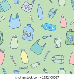 Vector seamless pattern with plastic garbage like plastic bottles, cups, sea creatures, bags. Pattern about plastic pollution in the ocean