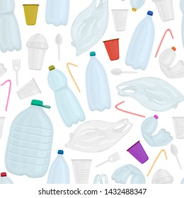 Vector seamless pattern with plastic objects. Stop ocean pollution. Waste in water. Garbage underwater. Environmental Protection. Bottle, plastic cup and bag, disposable tableware. Wrapping, header