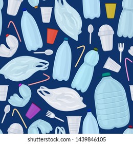 Vector seamless pattern with plastic objects. Stop ocean pollution. Waste in water. Garbage underwater. Environmental Protection. Bottle, plastic cup and bag, disposable tableware. Wrapping, header