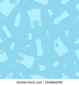 Vector seamless pattern with plastic objects. Stop ocean pollution. Waste in water. Garbage underwater. Environmental Protection. Bottle, plastic cup and bag, disposable tableware.
