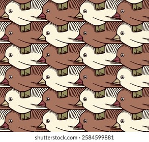 Vector Seamless Pattern with Playful Birds with Big Eyes and Beaks in Brown and White Tones