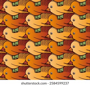 Vector Seamless Pattern with Playful Chicks with Crests and Wings in Yellow and Orange Tones