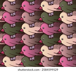 Vector Seamless Pattern with Playful Chicks with Crests, Big Eyes and Colourful Wings