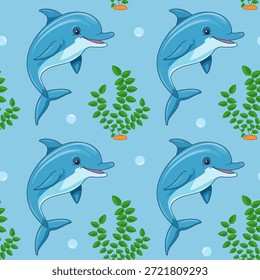 Patrón sin fisuras de Vector. Delfines juguetones nadando entre algas, fondo azul alegre con burbujas. Perfecto para la habitación de un niño.