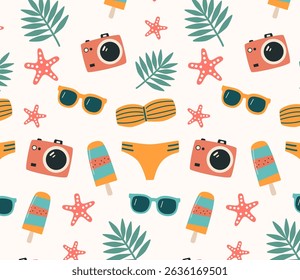Vector seamless pattern with playful summer elements – swimsuit, sunglasses, popsicles, camera, leaves, and starfish. Flat style with soft texture. Perfect for wrapping paper, fabric, kids design.
