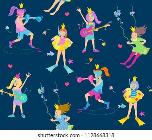 vector seamless pattern with playing princesses on a dark background, consisting of girls guitarists, girls boxers, girls swimmers and girls on a swing. flat style in soft colors.