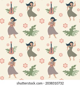 Vector seamless pattern with playing ukulele and dancing women. Monstera leaves, flowers and girls. Tropical wallpaper. Musical instruments and fun.