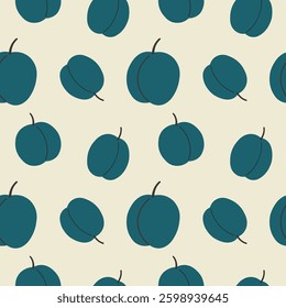 Vector seamless pattern with Plum in flat style. Repeating background with oval fleshy fruits blue berry for wrapping, label, sign, card, textile, template, print, paper. Fruity harvest, food, orchard