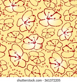 Vector seamless pattern with plum flowers and dots on yellow background.