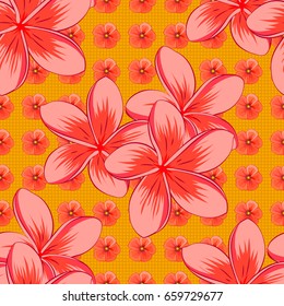 Vector seamless pattern with plumeria and cosmos flowers on a textured yellow background. Watercolor floral background. Textile print for bed linen, jacket, package design, fabric and fashion concepts
