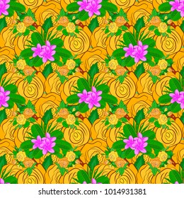 Vector seamless pattern with plumeria flowers and leaves in magenta, yellow and green colors. Floral background for extile print for bed linen, jacket, package design, fabric and fashion concepts.