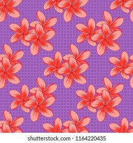 Vector seamless pattern with plumeria flowers in red, pink, orange and violet colors. Watercolor floral background. Textile print for bed linen, jacket, package design, fabric or fashion concept.