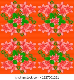 Vector seamless pattern with plumeria flowers and leaves in green, orange and pink colors. Cute floral background. Textile print for bed linen, jacket, package design, fabric and fashion concepts.
