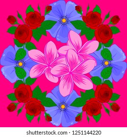 Vector seamless pattern with plumeria flowers and leaves in violet, green and magenta colors. Floral background. Cute textile print for bed linen, jacket, package design, fabric and fashion concepts.