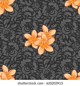 Vector seamless pattern with plumeria flowers and doodles on a gray background. Floral background with gray doodles. Textile print for bed linen, jacket, package design, fabric and fashion concepts.