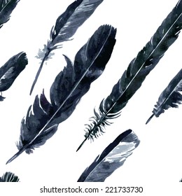 vector seamless pattern with plumes, watercolor drawing feathers, hand drawn illustration