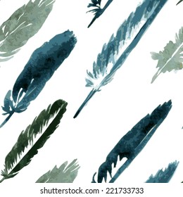 vector seamless pattern with plumes, watercolor drawing feathers, hand drawn illustration