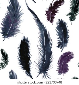 vector seamless pattern with plumes, watercolor drawing feathers, hand drawn  illustration