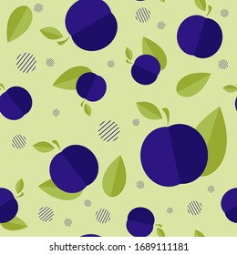 Vector seamless pattern with plums and leaves on a light green background. Flat minimalistic image. Fruit Icons. Picture for packaging, textiles, backgrounds.