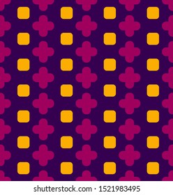 Vector seamless pattern with pluses and circles. Pink crossroads and yellow circles on a blue background