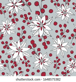 Vector seamless pattern with poinsettia and berries. Can be used for wallpaper, pattern fills, surface textures, fabric prints. Winter background. Background for Christmas and New Year design. 