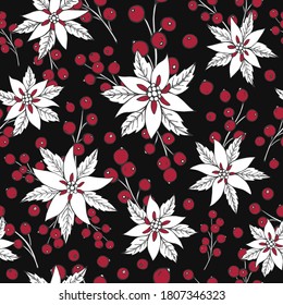 Vektornahtloses Muster mit Poinsettia und Beeren. Kann für Tapeten, Musterfüllungen, Oberflächentexturen, Stoffabdrücke verwendet werden. Winterhintergrund. Hintergrund für Weihnachten- und Neujahrsdesign. 