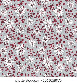 Patrón vectorial sin fisuras con poinsettia y bayas. Se puede usar para papel tapiz, rellenos de patrones, texturas superficiales, impresiones de tela. Fondo de invierno. Antecedentes del diseño de Navidad y Año Nuevo. 