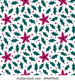 Vector seamless pattern with poinsettia flowers, holly leaves and berries. Christmas repeating texture. Floral background.