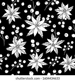 Vector seamless pattern with poinsettia and holly berries. Can be used for wallpaper, pattern fills, surface textures, fabric prints. Winter background. Background for Christmas and New Year design.
