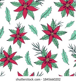 Patrón de vectores sin fisuras con puninsettia y hojas. Se puede usar para papel tapiz, rellenos de patrones, texturas superficiales, impresiones de tela. Antecedentes del diseño de Navidad y Año Nuevo.