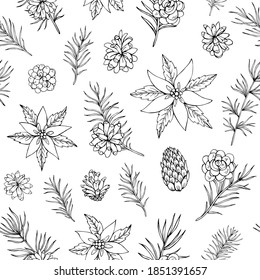 Vektor nahtloses Muster mit Poinsettia, Kiefernkegel und Kiefernnadeln. Kann für Tapeten, Musterfüllungen, Oberflächentexturen, Stoffabdrücke verwendet werden. Winterhintergrund. 