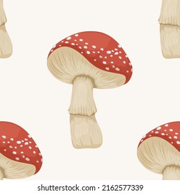 Vector Seamless Pattern with Poisonous Inedible Mushroom. Hand Drawn Cartoon Red Fly Agaric Mushroom Isolated on White. Amanita Muscaria, Fly Agaric Mushrooms