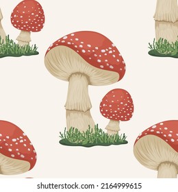 Vector Seamless Pattern with Poisonous Inedible Mushroom. Hand Drawn Cartoon Red Fly Agaric Mushroom Isolated on White. Amanita Muscaria, Fly Agaric Mushrooms