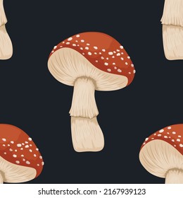 Vector Seamless Pattern with Poisonous Inedible Mushroom. Hand Drawn Cartoon Red Fly Agaric Mushroom on Black. Amanita Muscaria, Fly Agaric Mushrooms