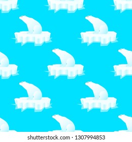 Vector seamless pattern with polar bear drifting on ice floe on the blue background.