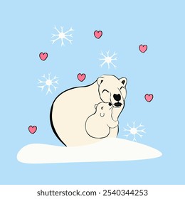 Vector seamless pattern with polar bear cub kisses its mother against a background symbolizing love and snowflakes.Cute polar bear. Perfect for baby blanket. Vector illustration.