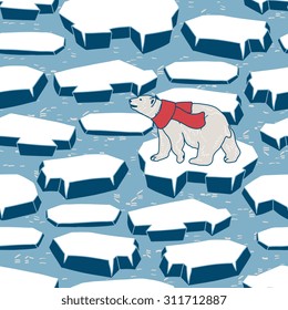 Vector seamless pattern with polar bear on an ice floe