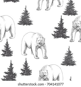 Vector seamless pattern with polar bear in forest. Hand drawn illustration with arctic animals and firs. Winter background. New Year and Christmas texture