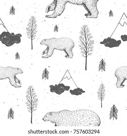 Vector seamless pattern with polar bear in forest. Hand drawn illustration with arctic animals and firs. Winter background. New Year and Christmas texture