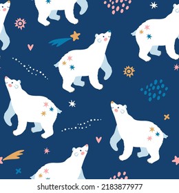 Vector seamless pattern with polar bears and stars. Fantasy repeated texture with arctic animals. Cute print with cartoon teddy bears for kids fabric and wrapping paper. 